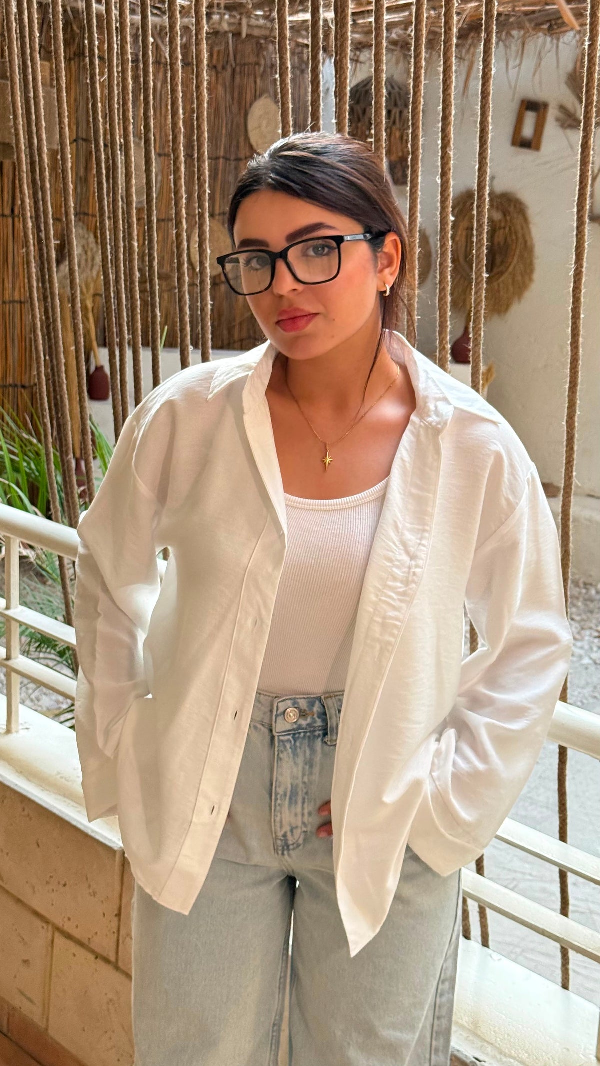 Oversized V-Neck Linen Shirt - White