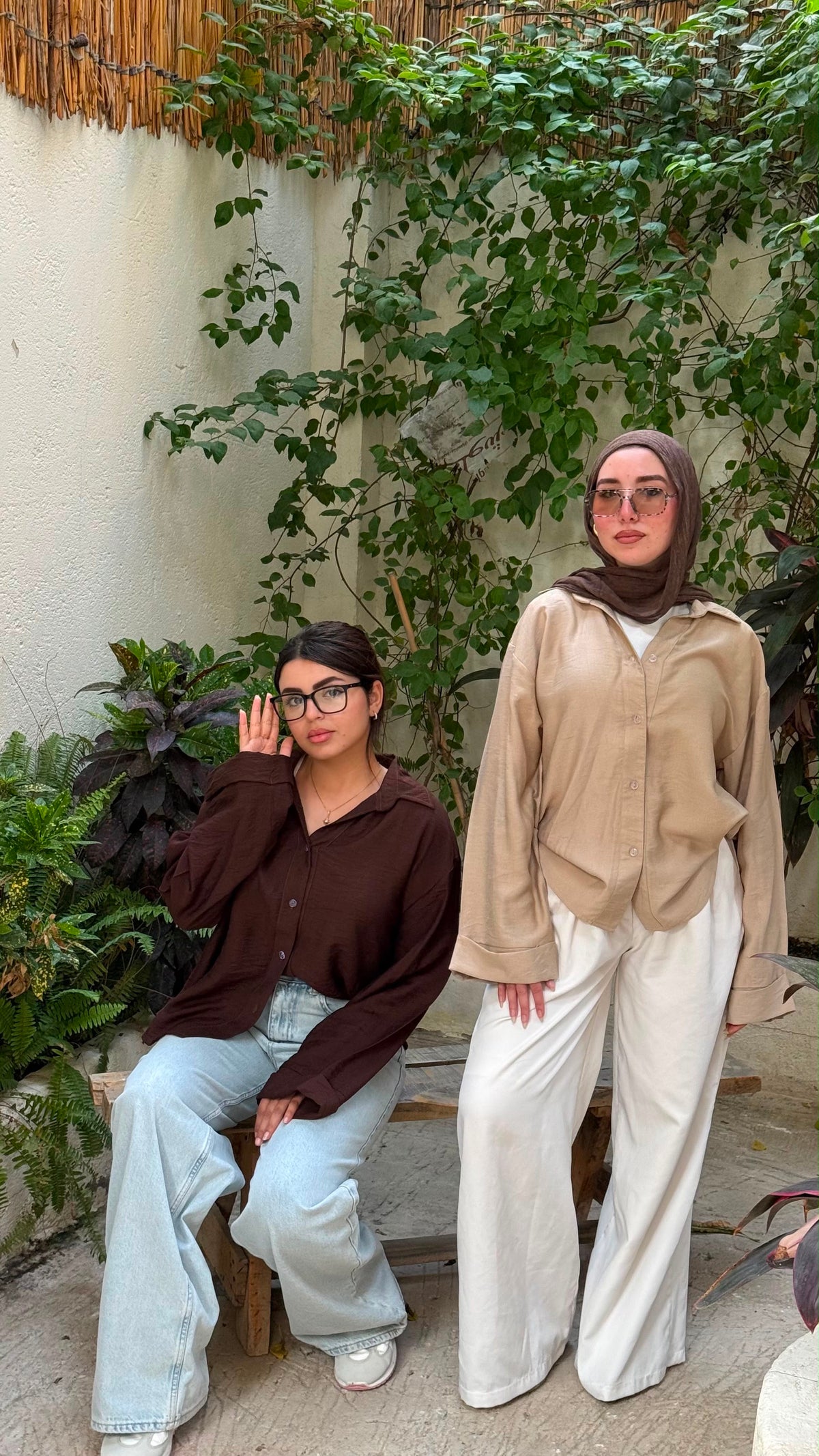 Oversized V-Neck Linen Shirt - Brown