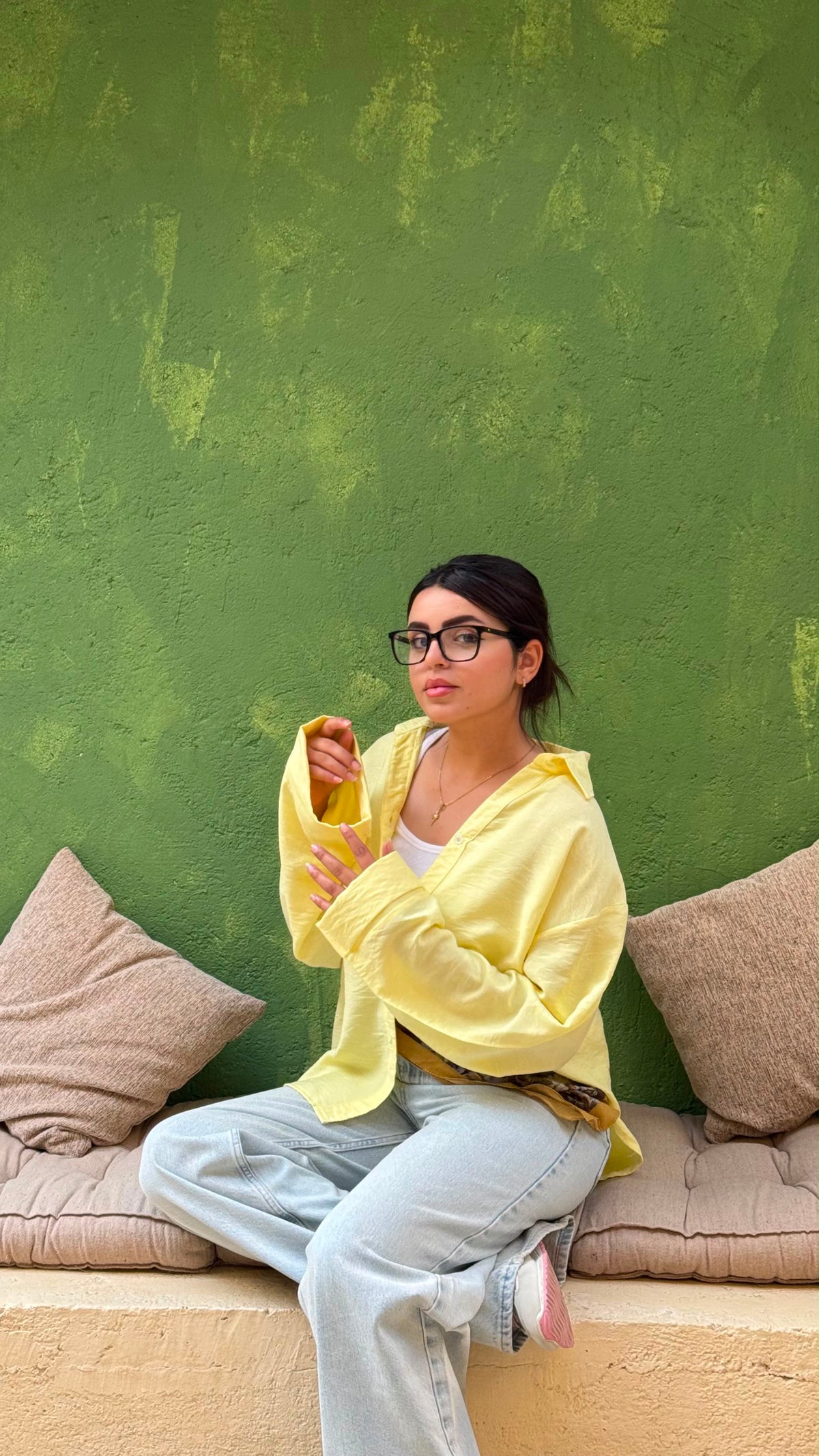 Oversized V-Neck Linen Shirt - Yellow