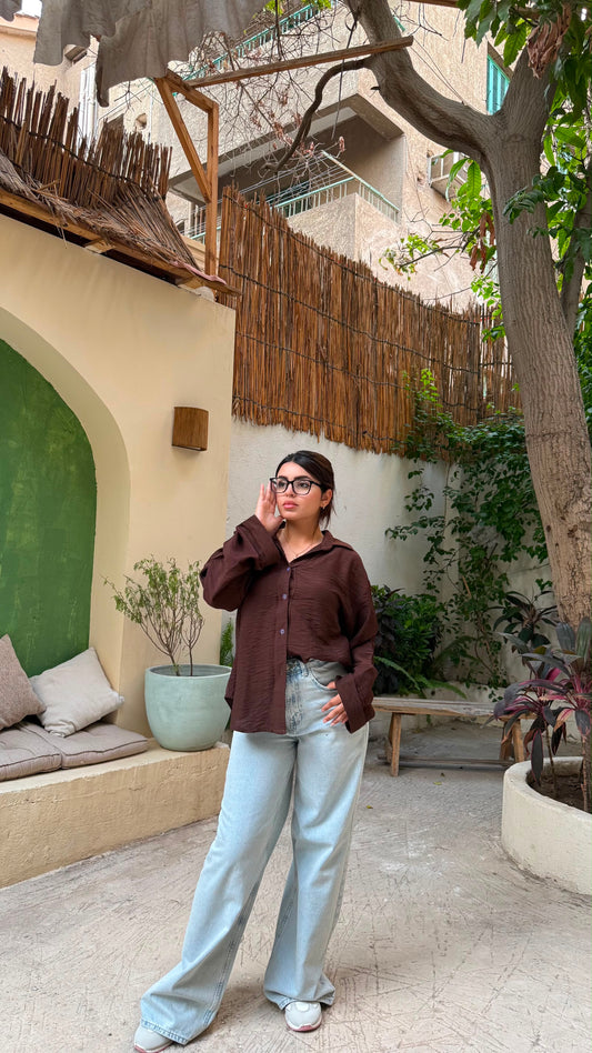 Oversized V-Neck Linen Shirt - Brown