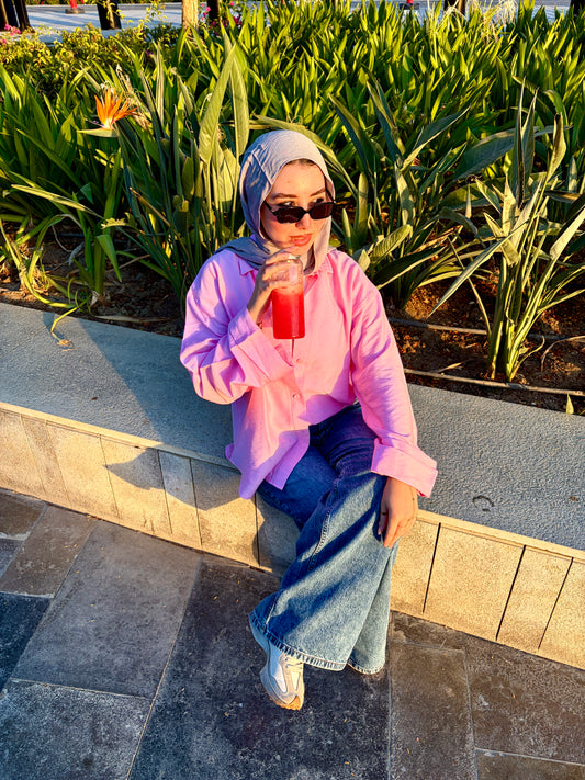 Oversized V-Neck Linen Shirt - Pink