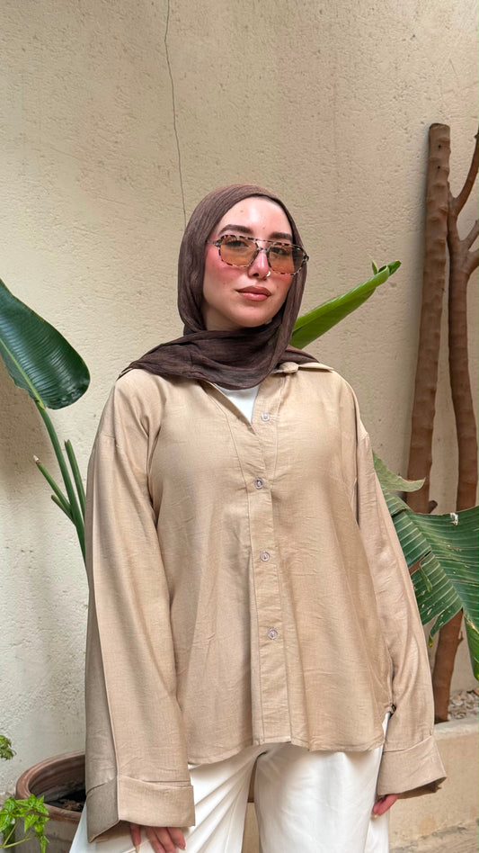 Oversized V-Neck Linen Shirt - Beige