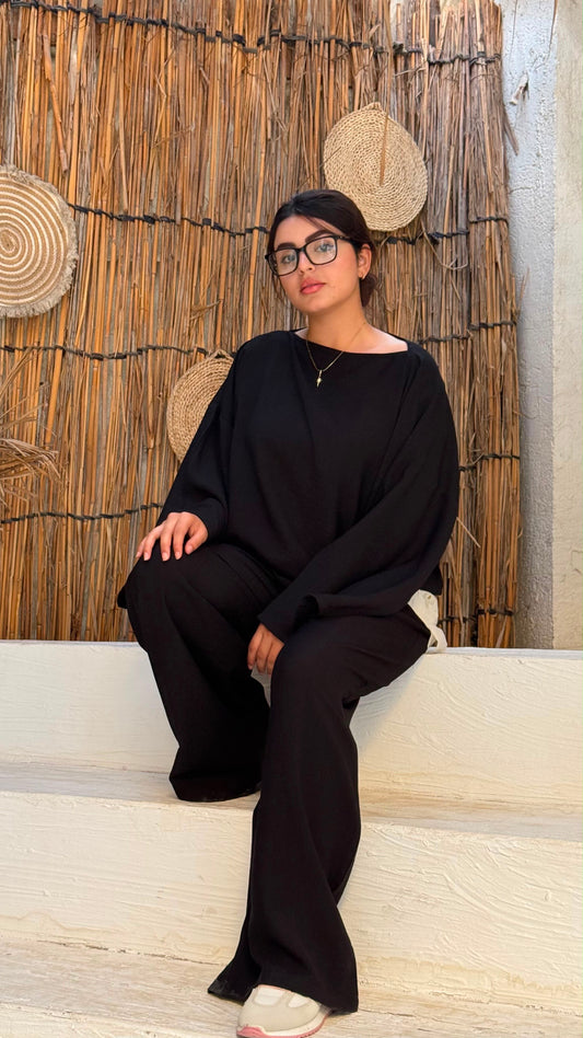 بدلة كتان فضفاضة - أسود