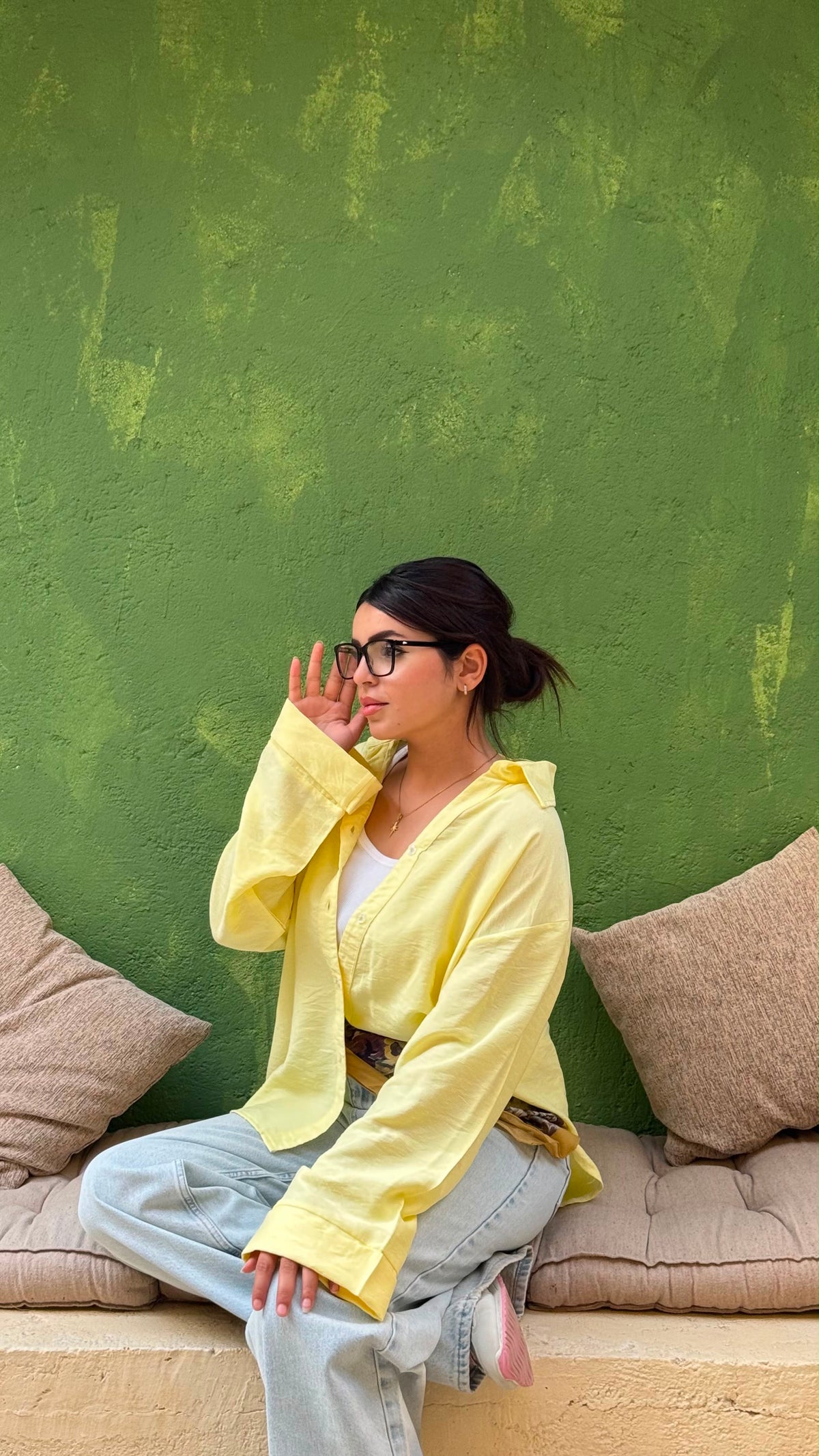 Oversized V-Neck Linen Shirt - Yellow