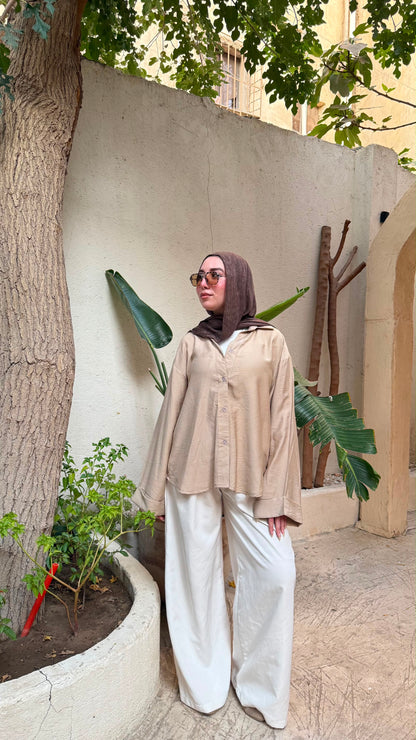 Oversized V-Neck Linen Shirt - Beige