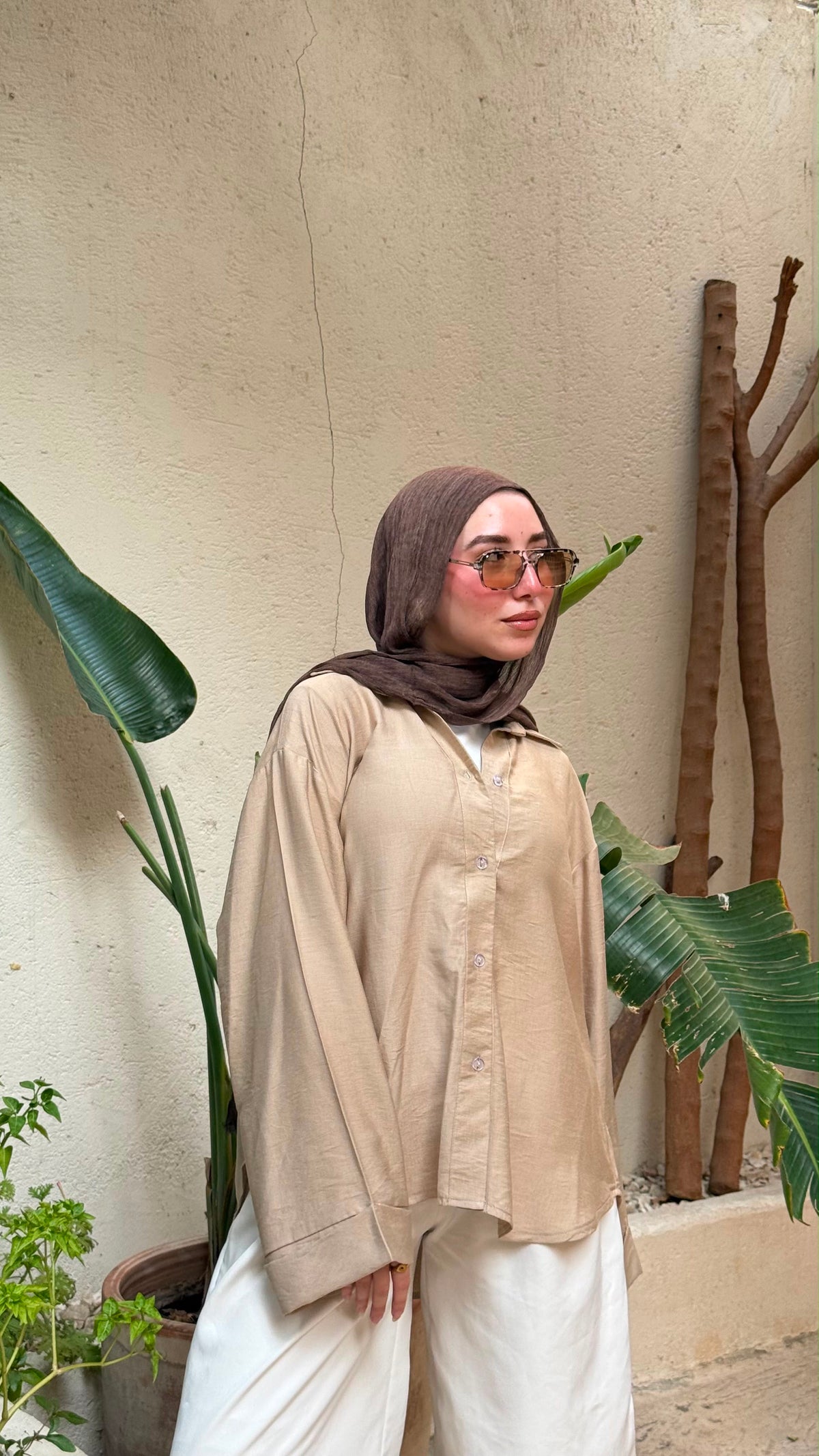 Oversized V-Neck Linen Shirt - Beige