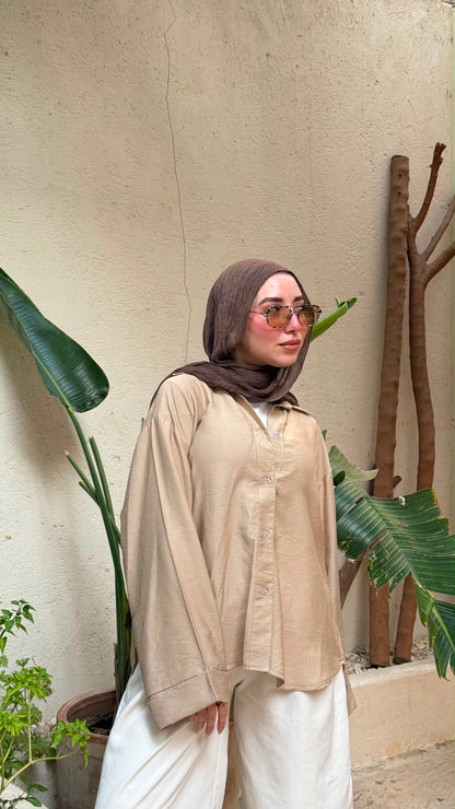 Oversized V-Neck Linen Shirt - Beige