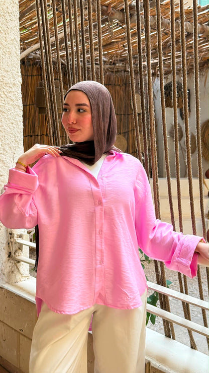 Oversized V-Neck Linen Shirt - Pink