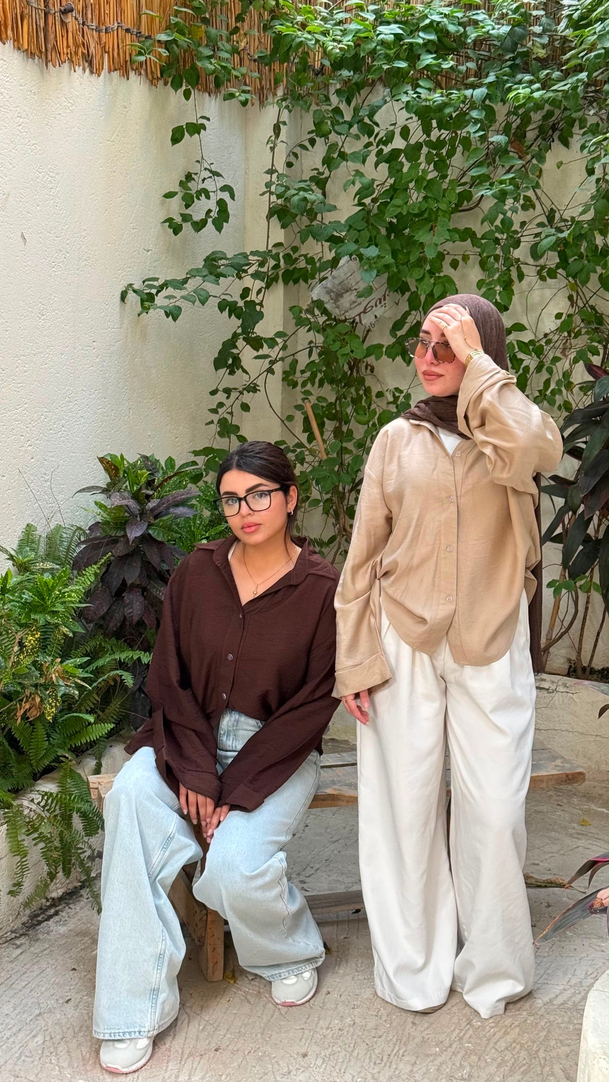Oversized V-Neck Linen Shirt - Beige