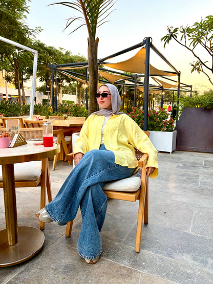 Oversized V-Neck Linen Shirt - Yellow