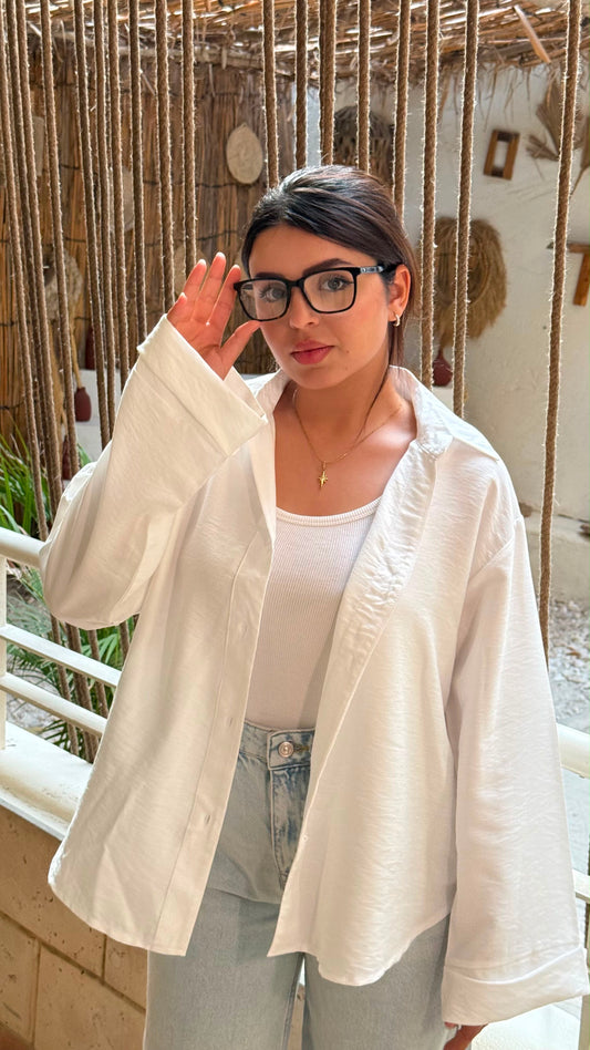 Oversized V-Neck Linen Shirt - White