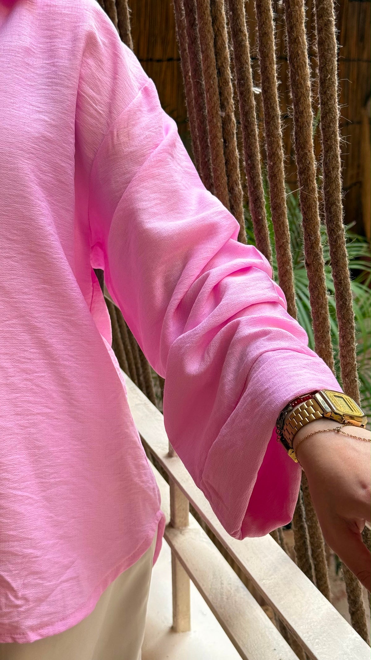 Oversized V-Neck Linen Shirt - Pink