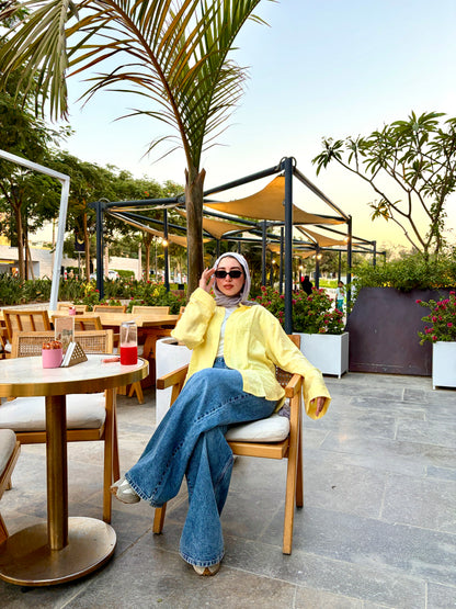 Oversized V-Neck Linen Shirt - Yellow