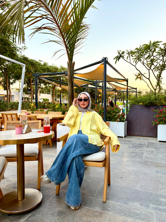 Oversized V-Neck Linen Shirt - Yellow