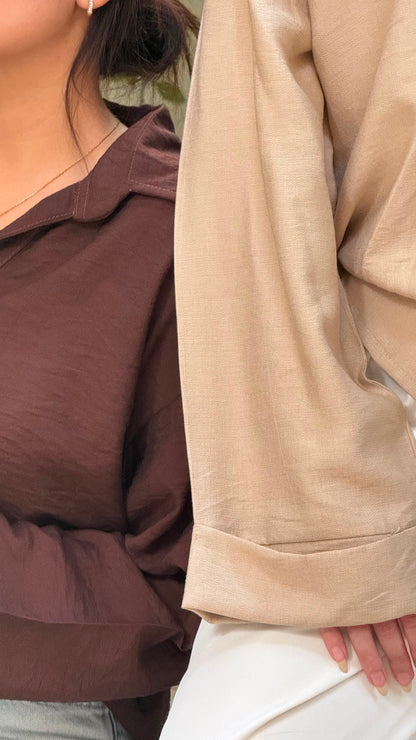 Oversized V-Neck Linen Shirt - Beige