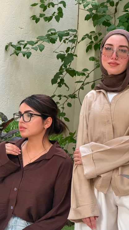 Oversized V-Neck Linen Shirt - Beige