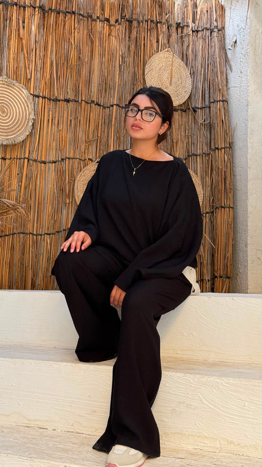 بدلة كتان فضفاضة - أسود