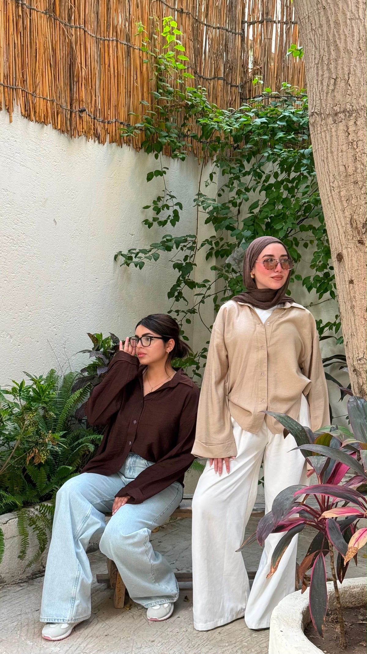 Oversized V-Neck Linen Shirt - Beige