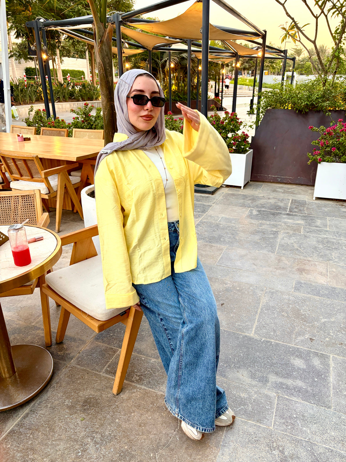 Oversized V-Neck Linen Shirt - Yellow