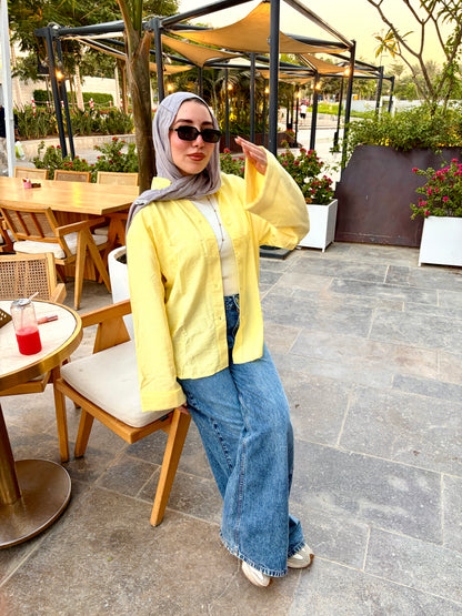 Oversized V-Neck Linen Shirt - Yellow