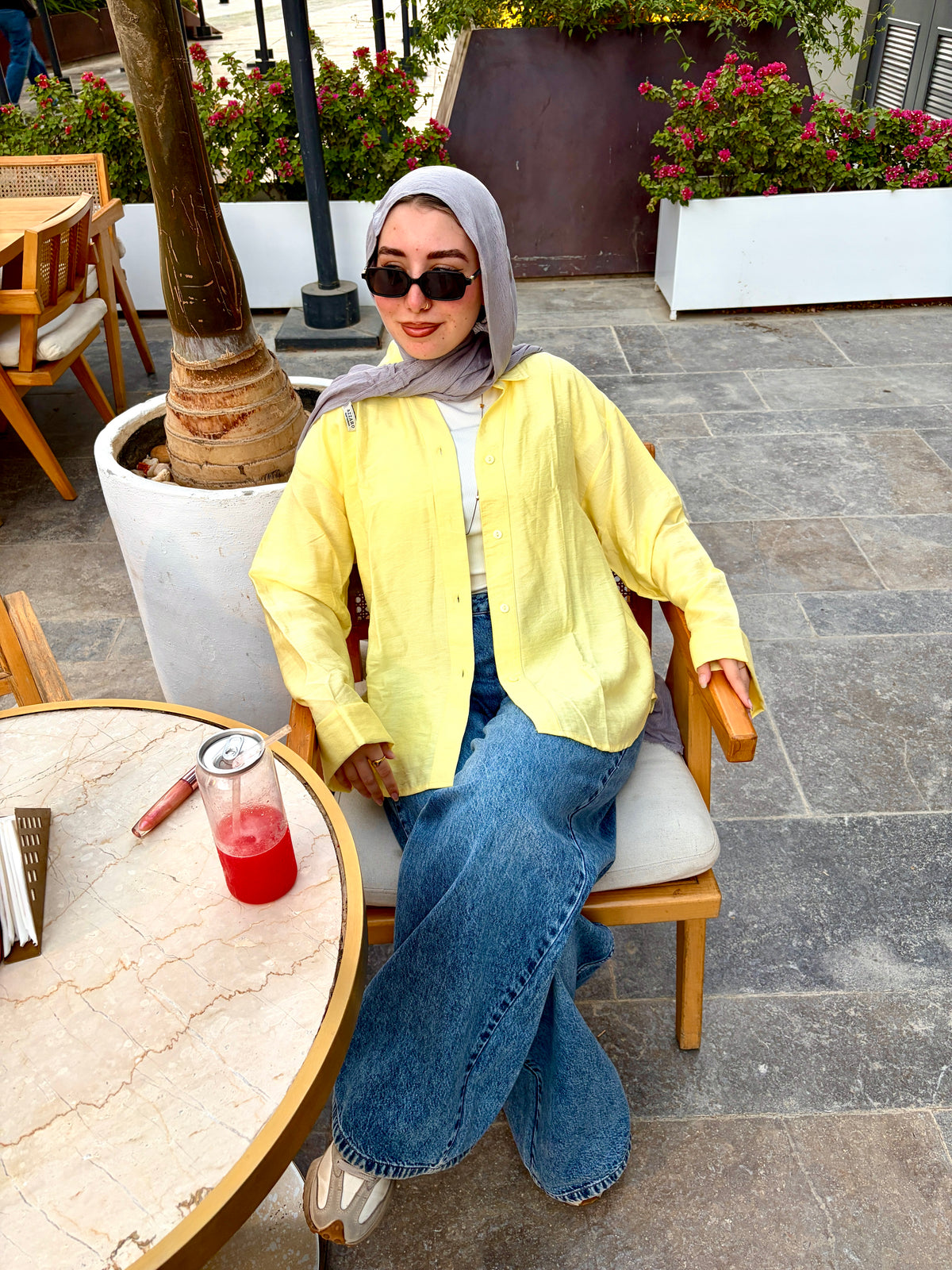 Oversized V-Neck Linen Shirt - Yellow