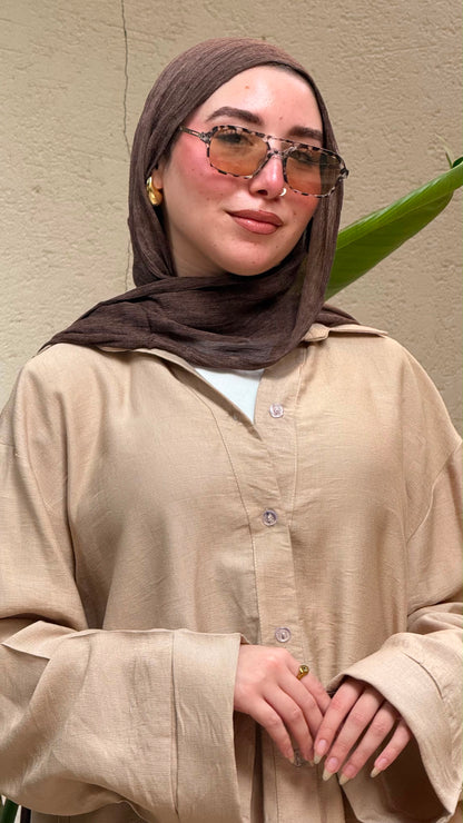 Oversized V-Neck Linen Shirt - Beige