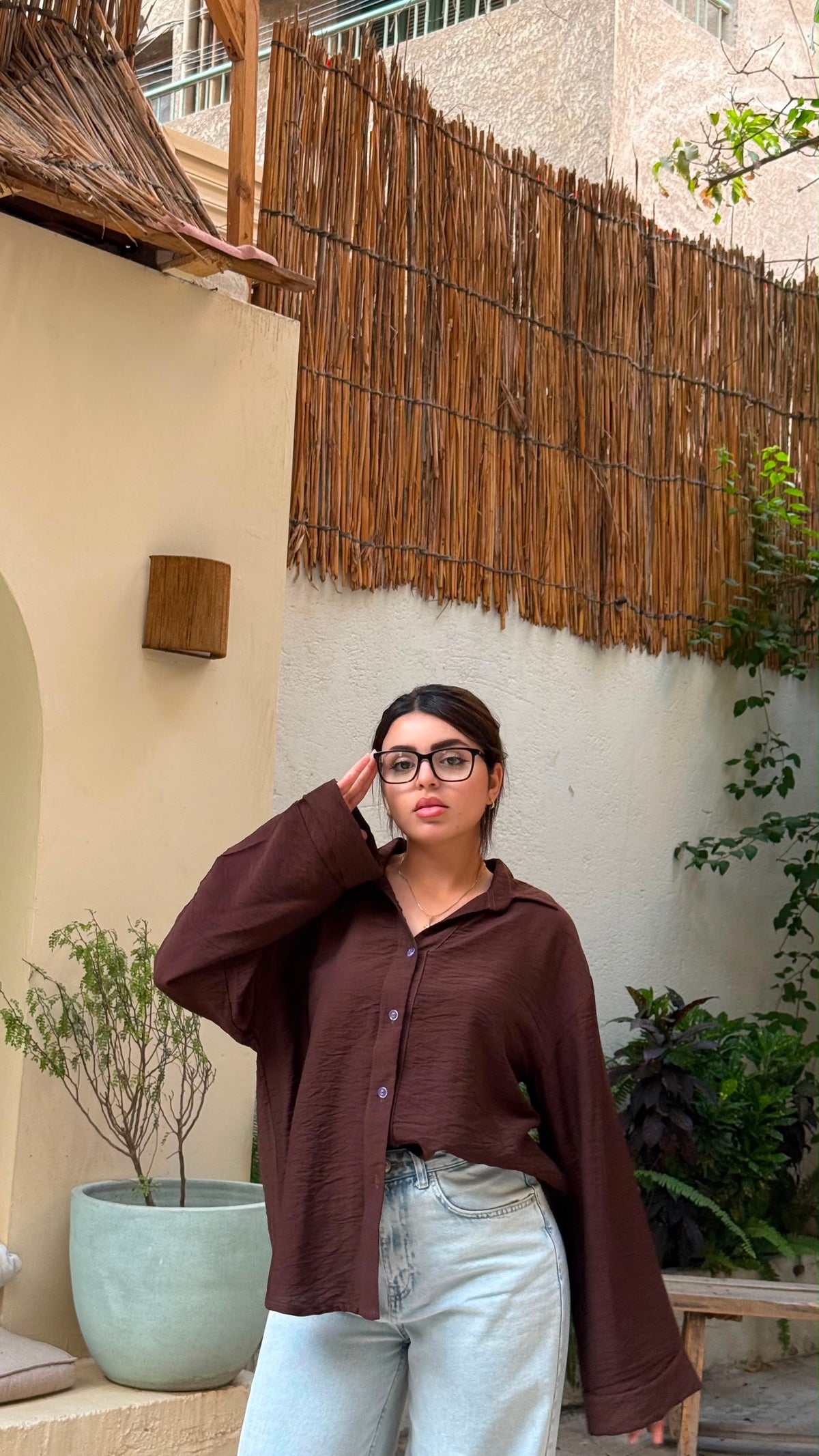 Oversized V-Neck Linen Shirt - Brown