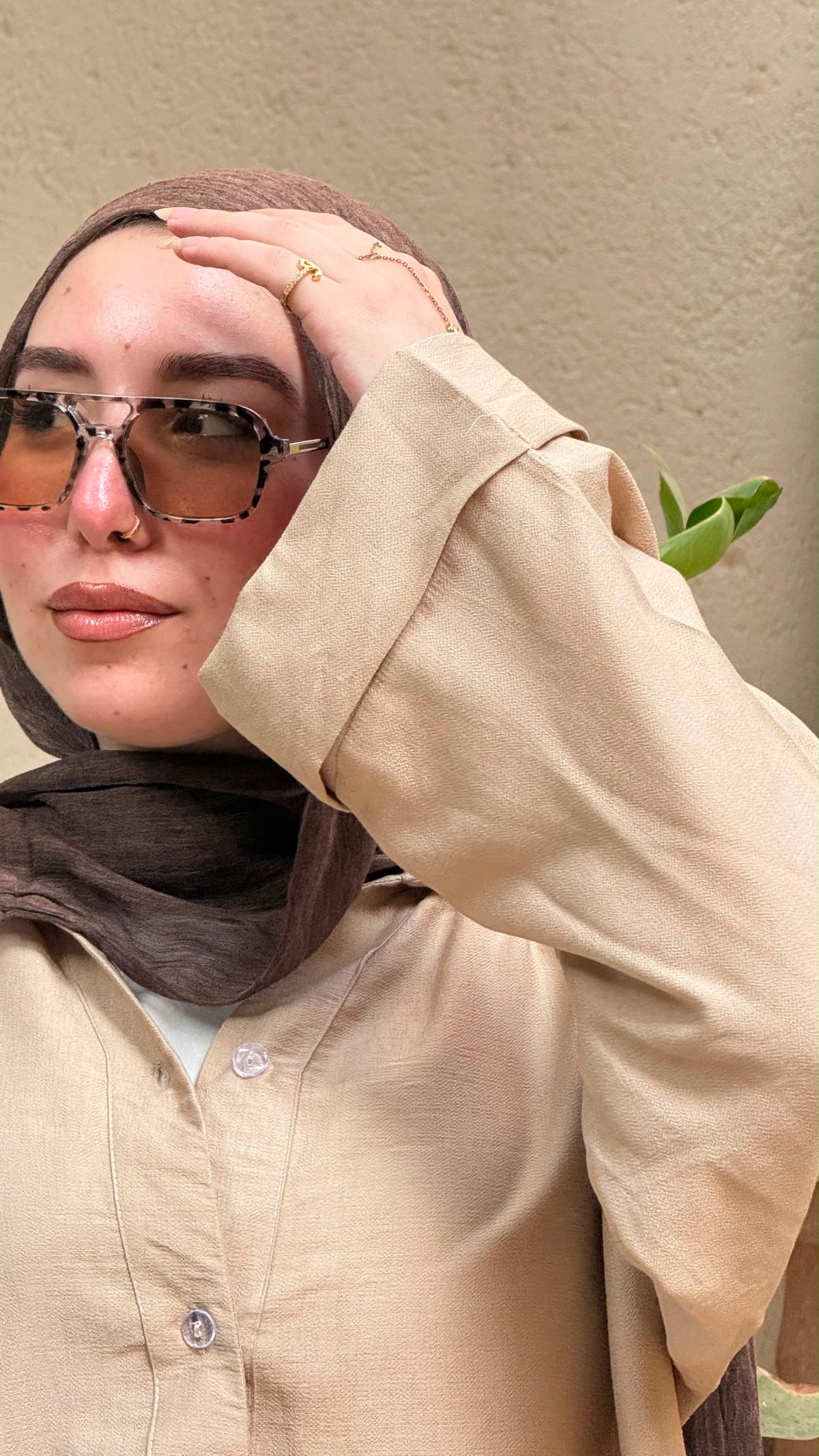 Oversized V-Neck Linen Shirt - Beige