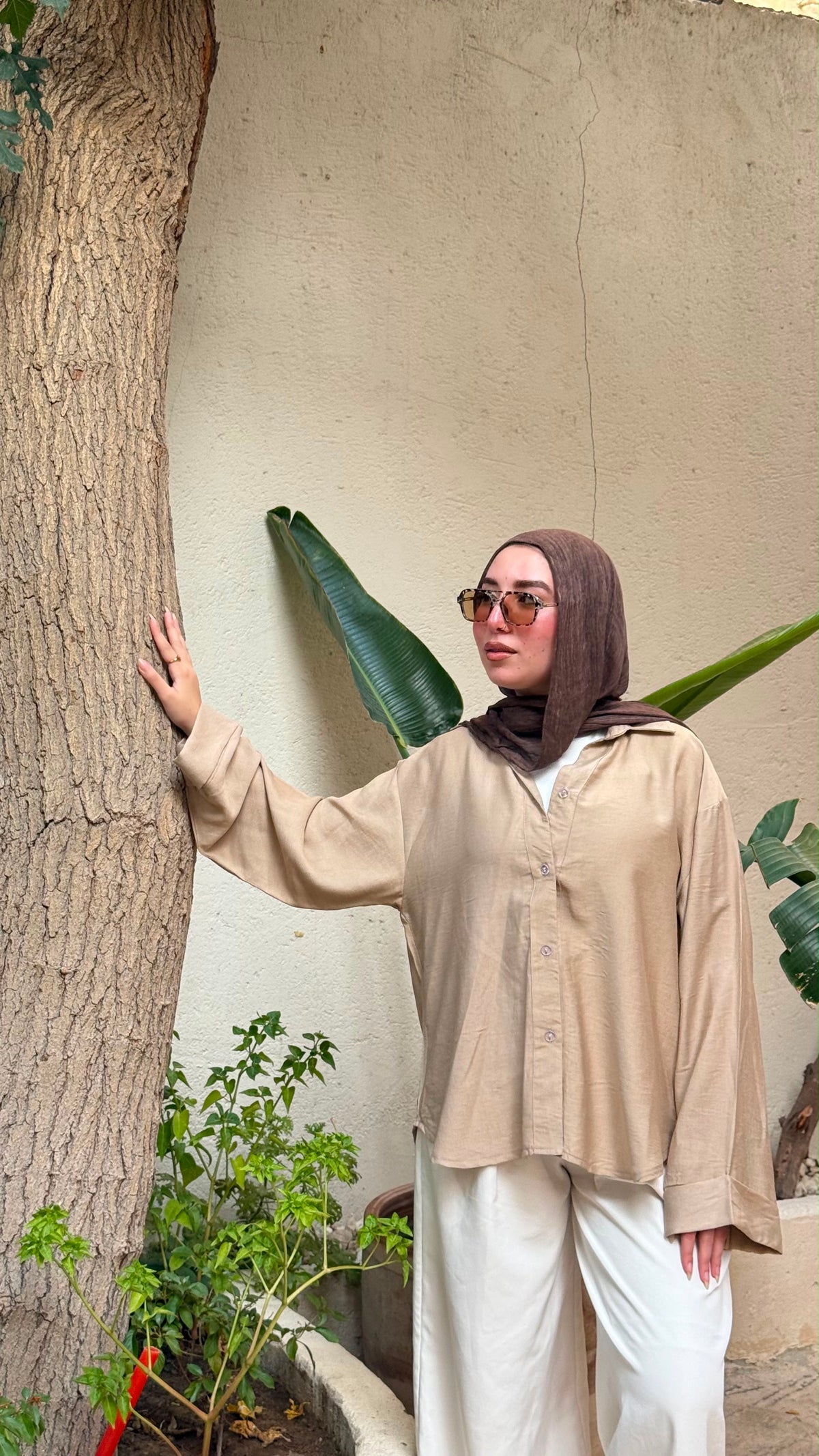 Oversized V-Neck Linen Shirt - Beige