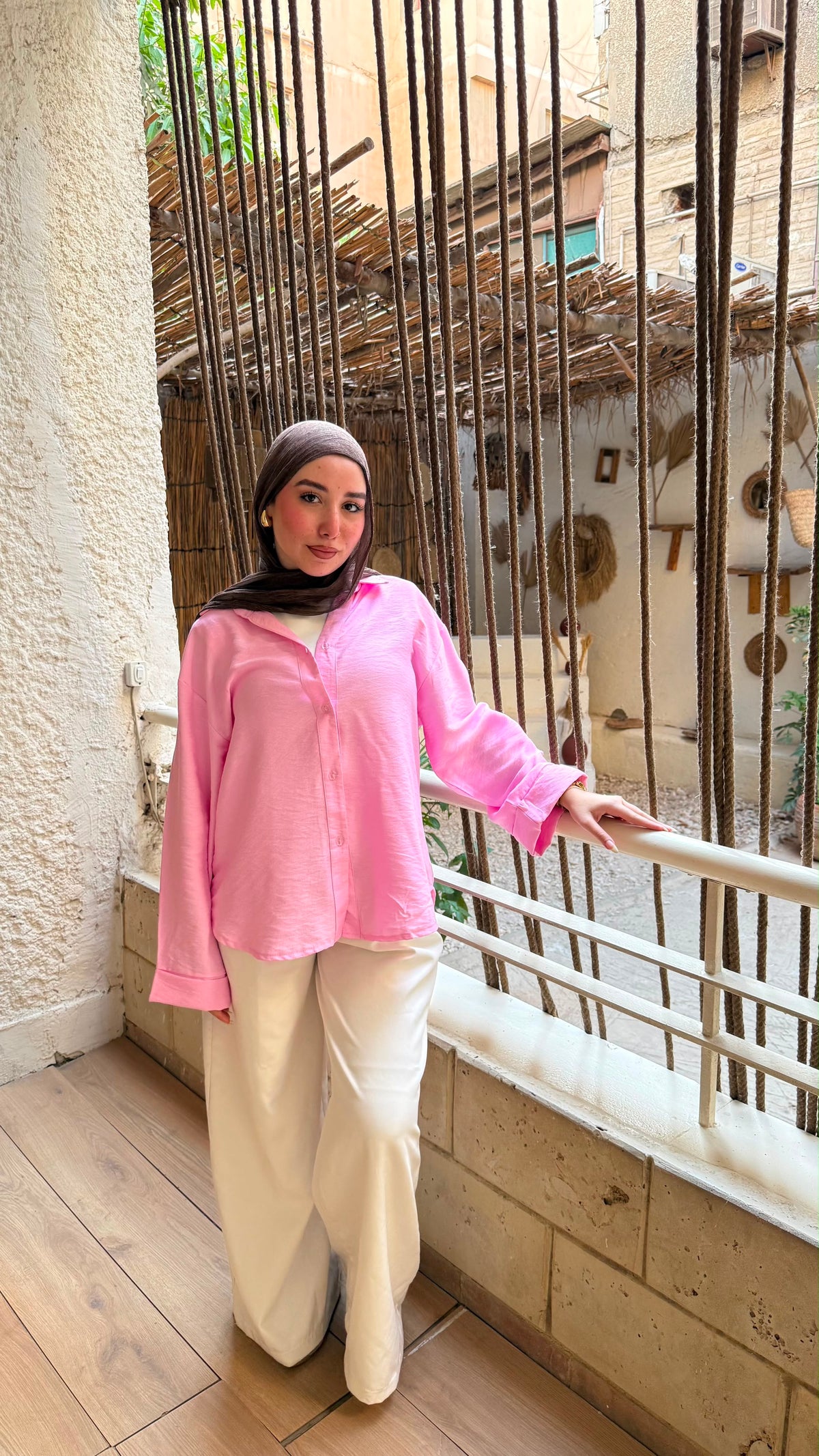 Oversized V-Neck Linen Shirt - Pink