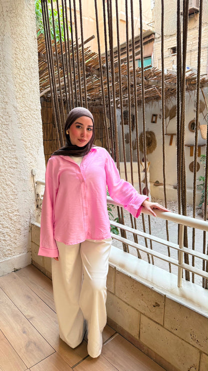 Oversized V-Neck Linen Shirt - Pink