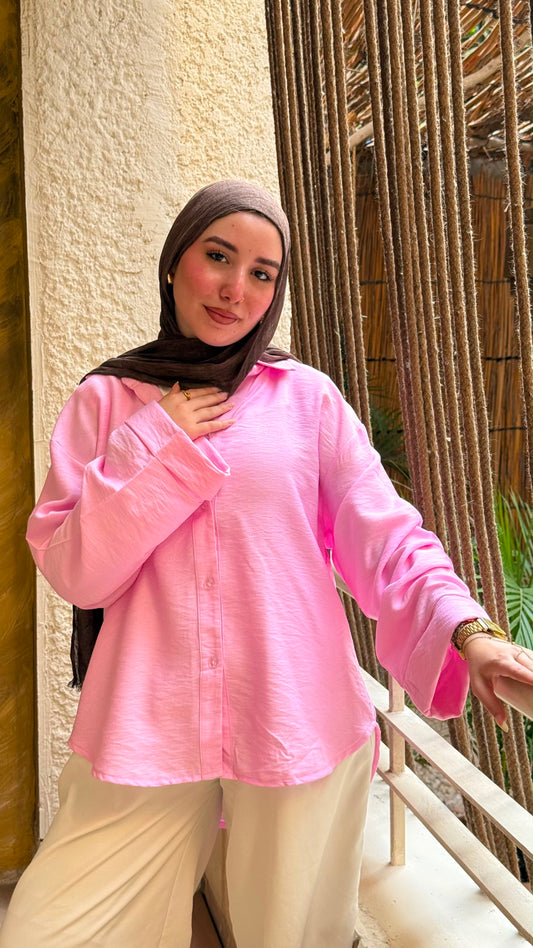 Oversized V-Neck Linen Shirt - Pink