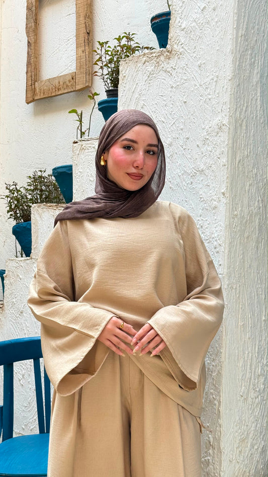بدلة كتان كبيرة الحجم - بيج